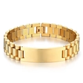 Macro detail of golden stainless steel strap bracelet featuring a customizable blank name plate - Gold (With Curved Plate)