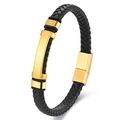 Men's braided leather bracelet in black with a polished gold stainless steel plate - 19cm / Gold