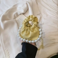Yellow ruched children handbag with large pearl handle and golden chain strap accessory - Yellow