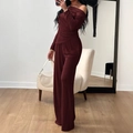 Elegant burgundy two-piece set featuring off-shoulder long sleeve top and wide-leg trousers - Burgundy