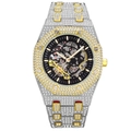 Men's skeleton mechanical watch with iced-out diamonds and two-tone stainless steel band - Two-tone (Gold & Silver)