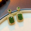 Vintage gold earrings with emerald green rectangle stones and white zircon halo - 49# Silver Pin - Green Square