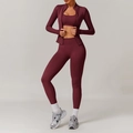 Three-piece seamless yoga set in dark wine red with leggings, vest, and zip-up jacket - S / Jacket + Bra + Leggings / Cherry Red