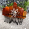 Handmade hair comb with orange natural stones and silver sun charm on black metal teeth - Red Agate Black Wire Silver Sun
