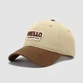 Close-up of cotton baseball cap featuring HELLO happiness embroidery and beige-brown panels - 54cm (3-8 Years) / Khaki and Coffee