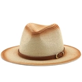 Detail of gradient woven straw hat with brown leather band and golden metal buckle - M (56-58cm) / Caramel Beige Gradient (05)
