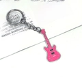 Pink electric guitar metal keychain with silver details and glossy paint finish - New Mini Pink Guitar