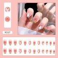 Pink gradient press-on nails with white camellia flowers and green French tips, model R557 - R557 Pink Transparent Camellia (Glue Style)