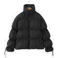 Women's casual black puffer jacket with stand collar and adjustable drawstring cuffs - S / Black