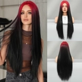 Long straight hair wig featuring a vibrant red to black ombre gradient style - Red Black Ombre