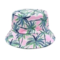 Detailed close-up of pink bucket hat featuring tropical palm tree patterns and reinforced stitching - M(56-58cm) / Pink