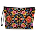 Floral canvas makeup bag with colorful Mexican pattern and black wrist strap - Colorful Embroidery Style Floral (Style 2)