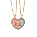Rose gold Best Friends heart pendant necklaces with pink and blue crystal butterfly accents - A2852-1 (Puzzle Half Heart Butterfly Set - Rose Gold)