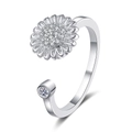 Adjustable silver daisy spinner ring with sparkling cubic zirconia flower petals - Daisy Flower Rotating
