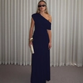 Detailed view of dark blue one-shoulder maxi dress with elegant ruched fabric design - Navy Blue