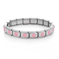 Detailed macro view of silver stainless steel link bracelet with pink enamel charms - 0083-pink Circle 1 Section