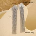 Macro detail of silver geometric tassel earrings with zircon studs and size dimensions - Silver Rhinestone Tassel