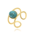 Adjustable gold twisted rope ring featuring an oval turquoise stone in a multi-layer design - Gold-Turquoise Weave