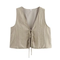 Detailed view of khaki pleated vest with tie-up front design and vertical stripe texture - S / Tops / Apricot
