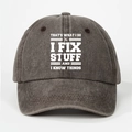 Detail of I FIX STUFF text and wrench graphic on washed cotton baseball cap - One Size / Coffee