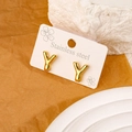 Polished golden stainless steel stud earrings in 'Y' letter shape on jewelry card - Letter Y