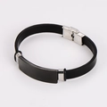 Minimalist black leather bracelet featuring a matte metal plate and stainless steel buckle - Black