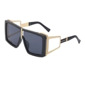 Steampunk black square oversized sunglasses with gold hollow metal temples for women - Black/Gray with White Side