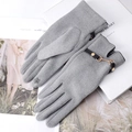 Gray winter gloves with gold chain accent and elegant floral embroidery on index finger - One Size / Gray