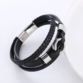 Bracciale multistrato in pelle nera da uomo con dado esagonale e chiusura magnetica - Color Acciaio