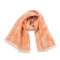 Detailed close-up of soft orange and beige leopard print scarf with delicate short fringes - Beige Orange