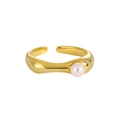 Minimalist S925 sterling silver open ring in gold finish with a single white pearl - Adjustable Open / 18K Gold (Size 15/Adjustable)