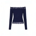 Dunkelblaues schulterfreies Langarmshirt mit Spitze in minimalistischem Strick - XS / Marineblau