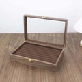 Wooden ring jewelry display box with glass lid and brown velvet slots for rings storage. - Ring Slot Jewelry Box / Walnut / Coffee Inner