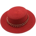 Detail of red boater straw hat with stylish gold metal chain decoration and wide flat brim - M (56-58cm) / Red Style (16)
