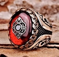 Vintage men's ring featuring an oval red stone with ornate silver engraved details - Vintage Ethnic Red Oval Gemstone (HJZ020)