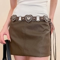 Ceinture vintage Y2K en cuir marron avec motifs cœurs argentés et anneaux métalliques - 35# Boucle en argent cœur marron