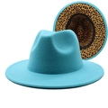 Detail of turquoise fedora with wide brim featuring a striking leopard print lining - M (56-58cm) / Lake Blue