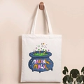 Detail of white canvas tote featuring Making Magic cauldron print on a wooden hook - Making Magic Pot