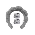 Close-up of plush grey spa headband and matching wristbands set for face washing - Headband Wristband Set / Gray