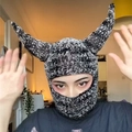 Grey crochet balaclava mask with large devil horns for Halloween costume parties - 57-59cm / Black Grey Mixed Ox Horn Style
