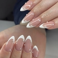French tip almond press-on nails in nude pink with white pearl accents and white edges - Bz1766 Is Elegant And Charming. / Jelly Glue + Nail File