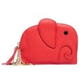 Red pebble grain leather elephant coin purse with gold zipper and keychain detail - Red