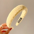 Beige wide pleated headband for women with a minimalist handmade textured finish - Goose Yellow