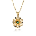 Macro detail of a hexagonal honeycomb pendant with green zircon and multicolor stones - Hexagonal Floral Style (D784)