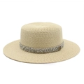 Detailed close-up of straw boater hat with shimmering sequins and gold M metal logo - M (56-58cm) / Beige