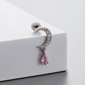 Titanium steel moon earring with pink teardrop zircon pendant and silver finish - Pink Moon Water Drop Style (A26-5#)