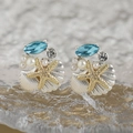 Starfish shell stud earrings with blue rhinestones and pearls for a summer ocean look - Silver