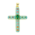 Golden cross pendant with blue enamel and colorful gemstone accents for jewelry making - Pendant 87 (Gold Blue Enamel Multi Stone Cross V2)