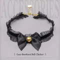 Gothic black lace choker with satin bow and gold bell pendant for cosplay outfits - Black Lace Bowknot Neck Bell Choker / Black