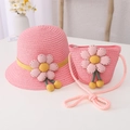 Detailed close-up of pink straw hat and matching bag with 3D floral decorations - Kids Size (54cm) / Hat + Bag Set / Watermelon red